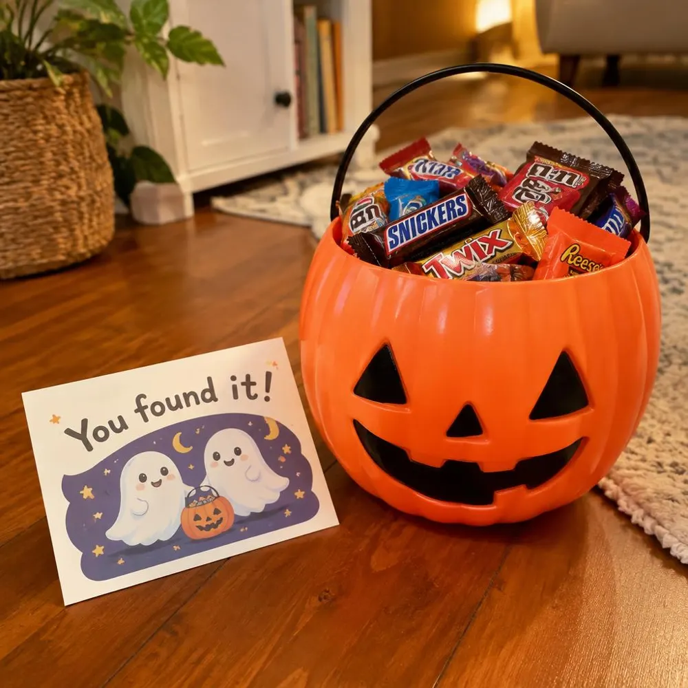 Pumpkin bucket full of candy next to a You Found It final card