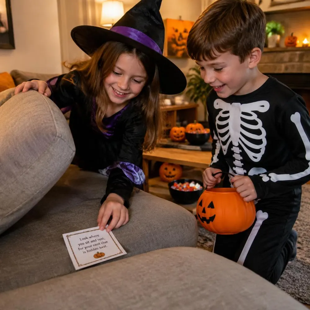 Two kids in costumes finding a printed clue card hidden in the couch