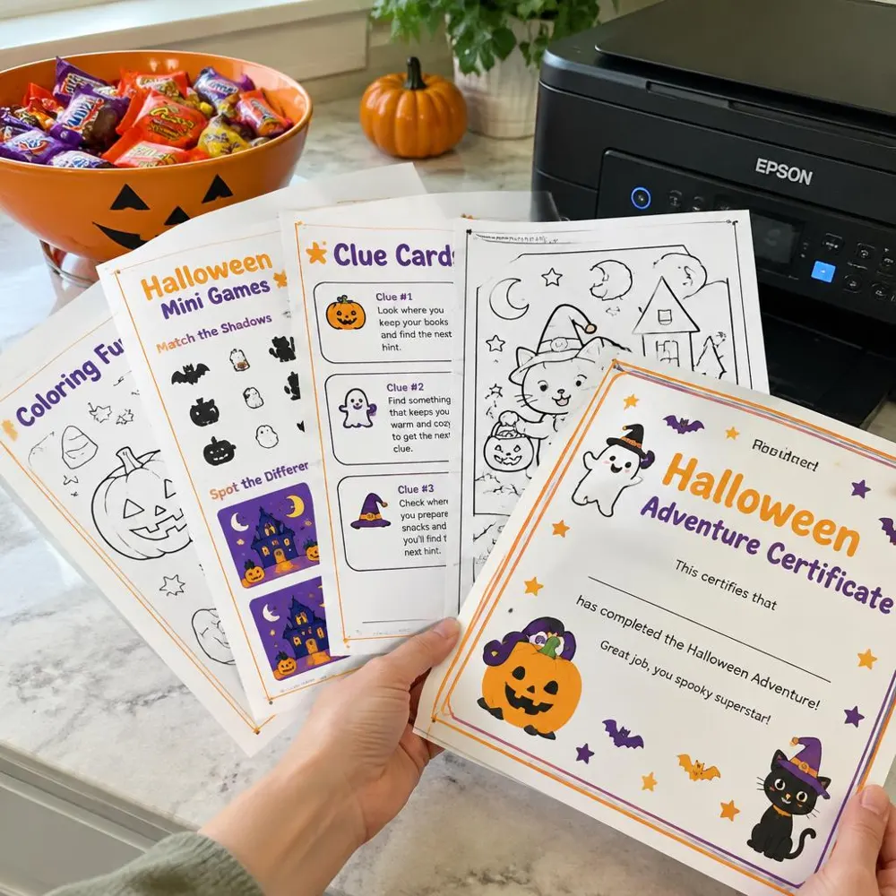 Parent holding printed Halloween clue cards, mini games, coloring page and certificate next to a printer